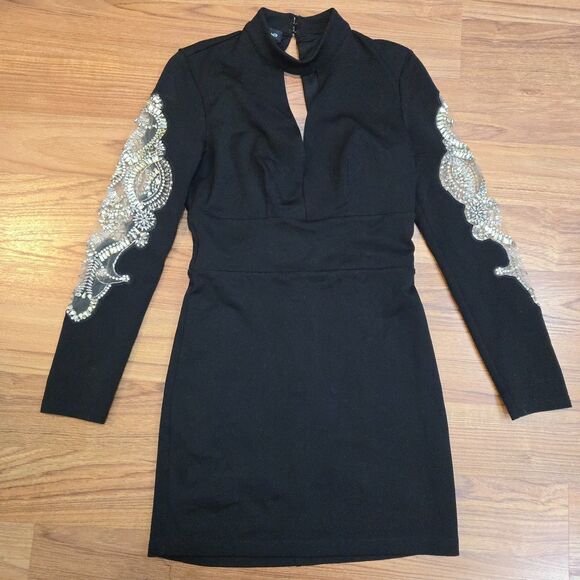Bebe Vtg Y2K Black Mini Dress S Plunge Neck Sheer Sleeve Rhinestones Open Back - Picture 11 of 14
